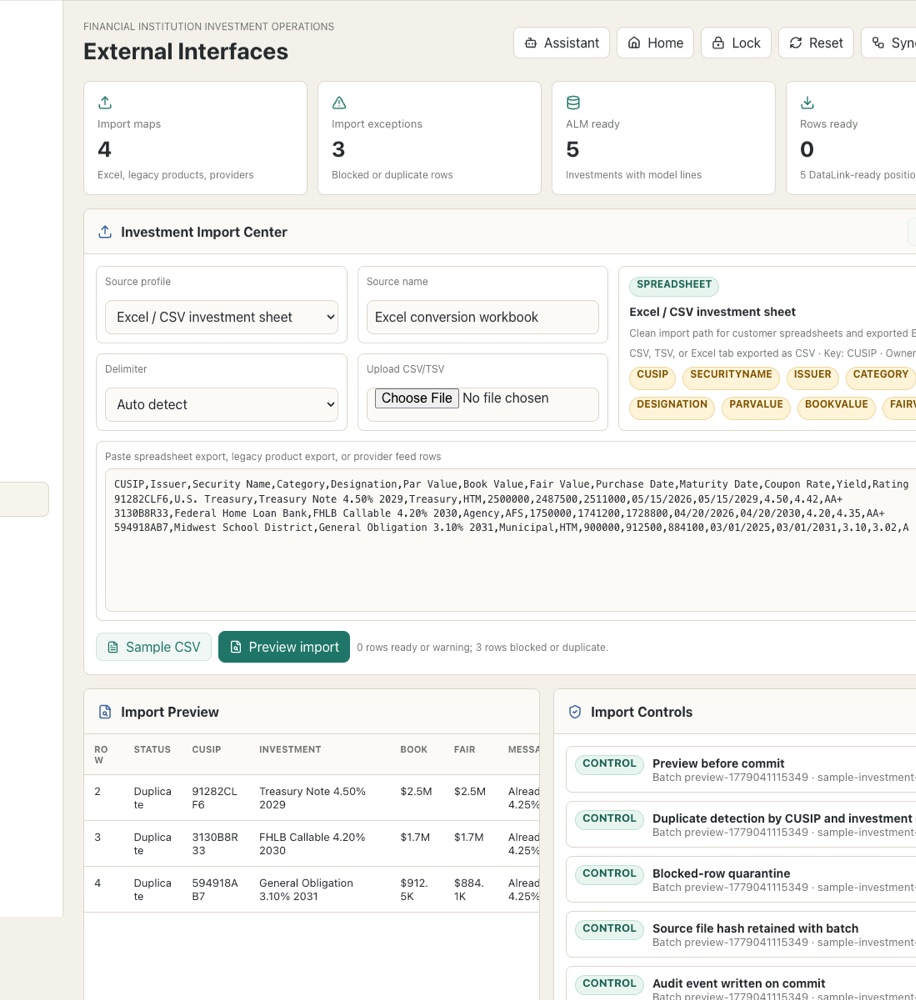 Investment import center in FI Investment Tracker showing an Excel or CSV source profile, an import preview with duplicate and blocked-row detection, and import controls including preview before commit, source file hash retention, and an audit event written on commit